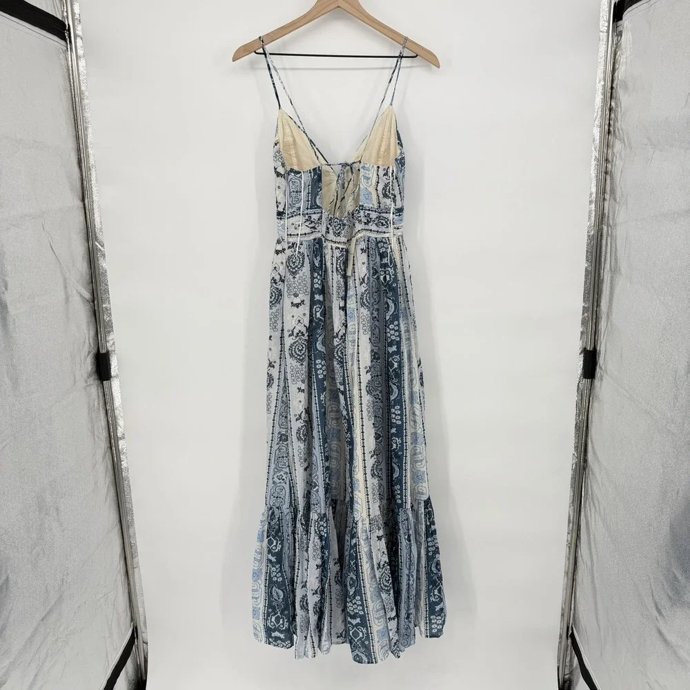 Abercrombie & Fitch Sz MT Blue Bra-Free V Neck Flowy Tiered Tie Back Maxi Dress